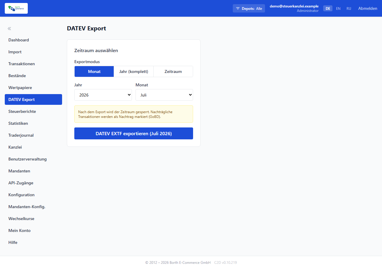 Bildschirmfoto: DATEV-Export in C2D mit Auswahl von Monat, Jahr oder freiem Zeitraum und dem Hinweis, dass der Zeitraum nach dem Export gesperrt wird.