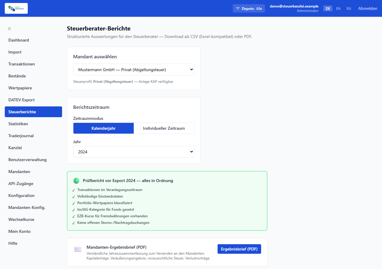 Bildschirmfoto: Steuerberater-Berichte in C2D mit Mandantenauswahl, Berichtszeitraum, einem grünen Prüfbericht vor dem Export und der Schaltfläche für den Mandanten-Ergebnisbrief als PDF.